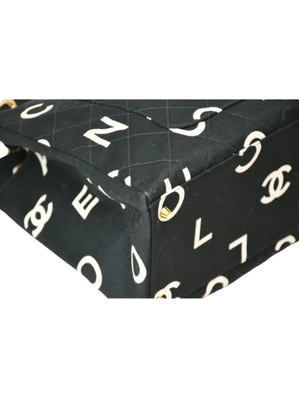 Chanel Handbag Quilted Black White Cotton Canvas Gold